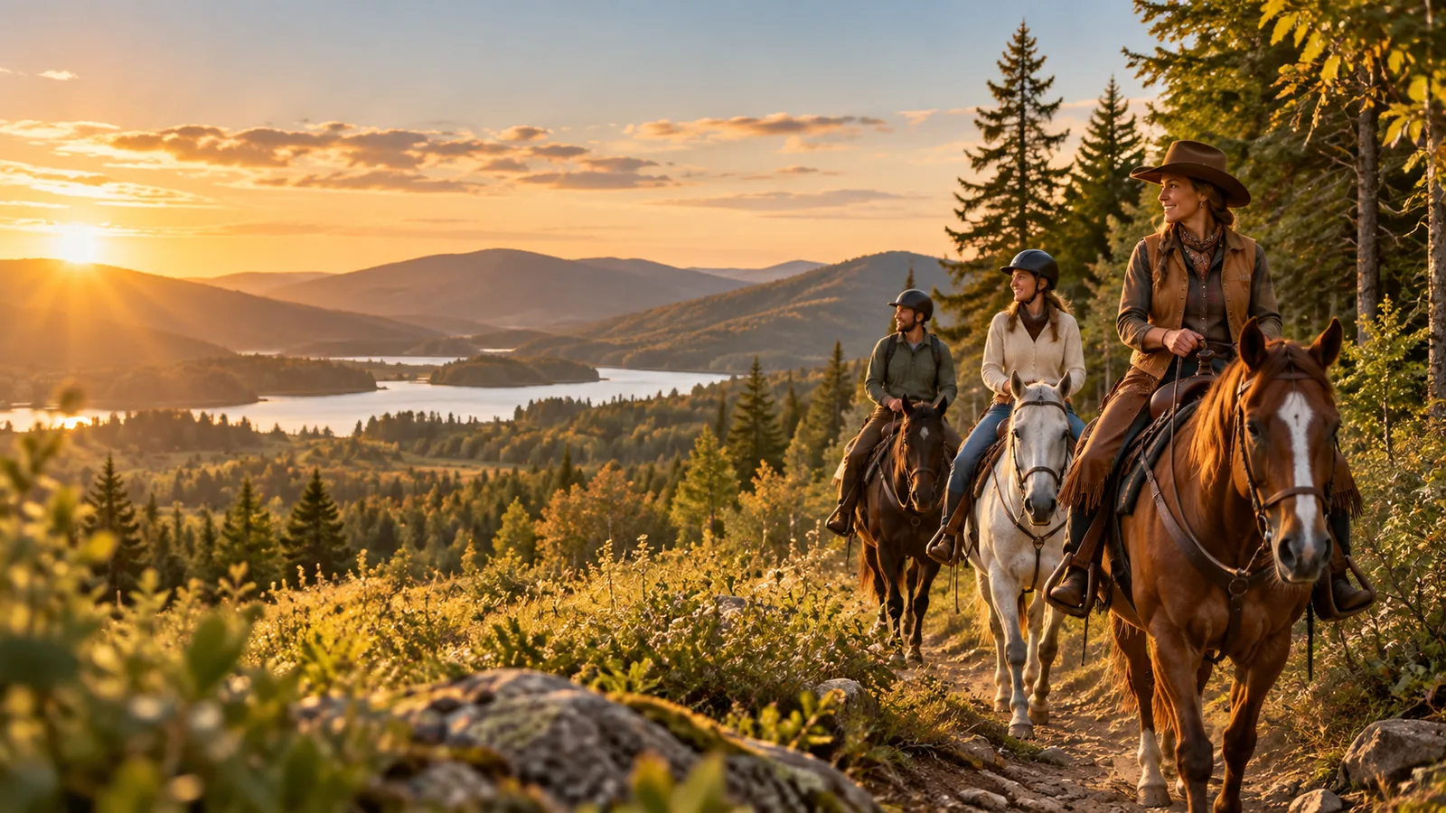 Scenic horseback riding landscape at sunset
