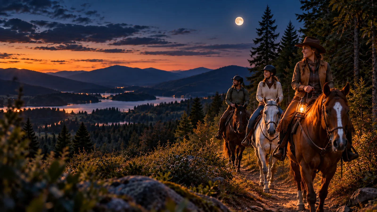 Horseback trail ride at dusk under the moon