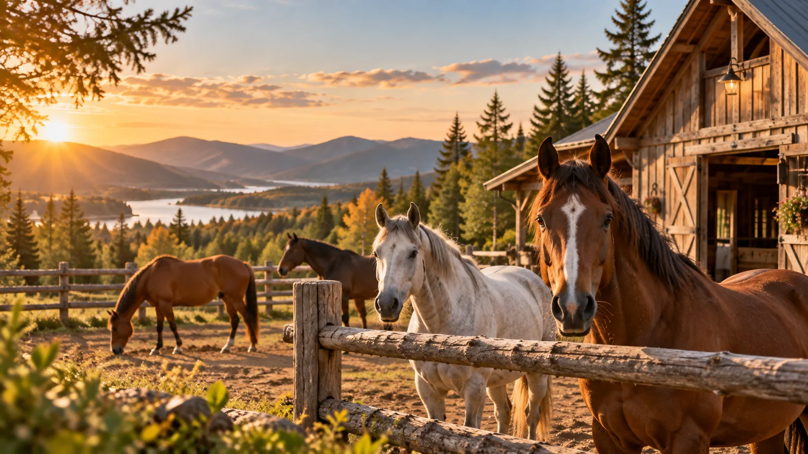 Horses in a ranch setting at golden hour