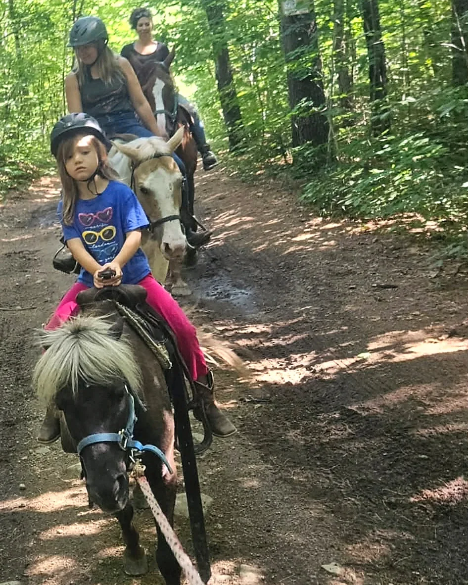Jeune cavalière casquée sur un petit cheval tenu en longe