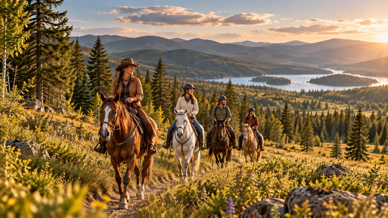 Small group horseback trail ride in a scenic setting