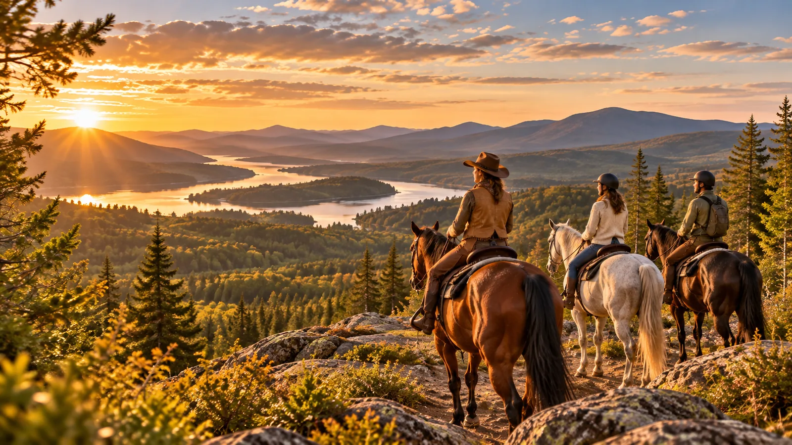Horseback riders enjoying a scenic sunset viewpoint